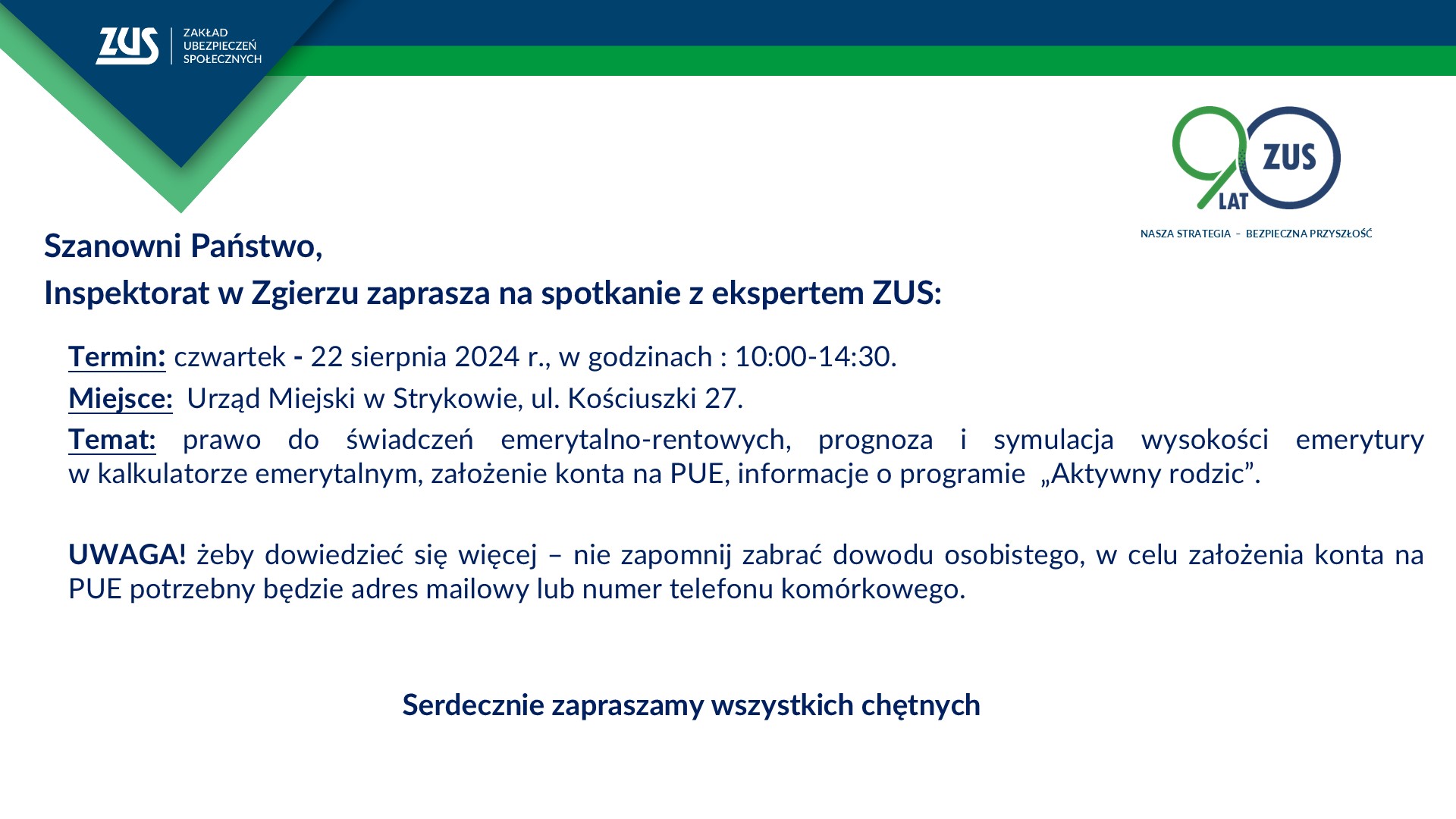 Dyżur ZUS w Urzędzie Miejskim w Strykowie