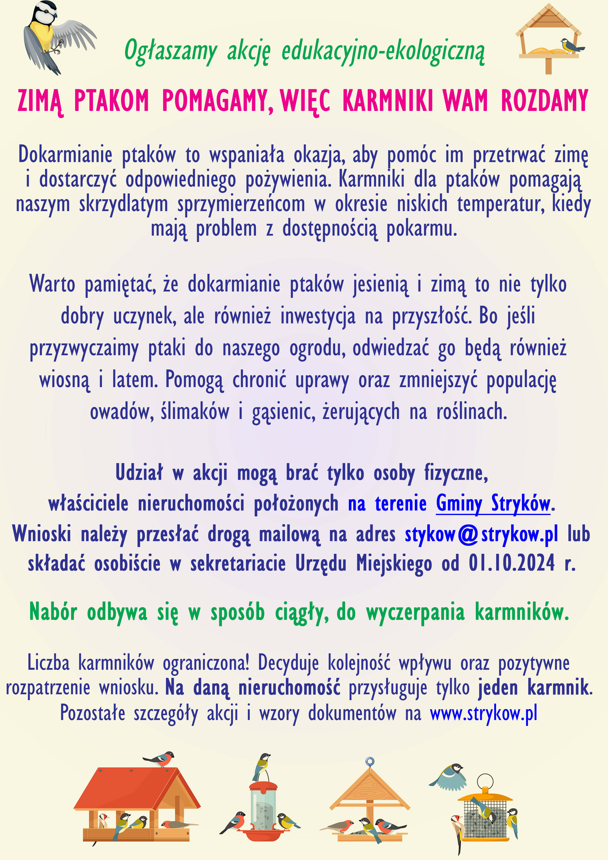 Zimą ptakom pomagamy, więc karmniki Wam rozdamy